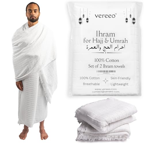 vereeo Premium Mens Ihram Set for Hajj & Umrah - 2-Piece White Non Stitched 100% Cotton Towels | Ehram Ahram | Lightweight Breathable & Comfortable | Reusable | Shariah Compliant
