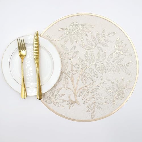 Image of Dakshya Industries Dining Table Mats Round PVC Set | 6 Waterproof Placemats (38 x 38 cm) + 1 Table Runner (91 x 33 cm) | Heat Resistant, Kitchen Decor (Lumivex)