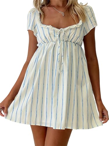 Image of Women Y2k Puff Sleeve Babydoll Dresses Square Neck Tie Back Mini Dress Summer Solid Off Shoulder Flowy Sundress