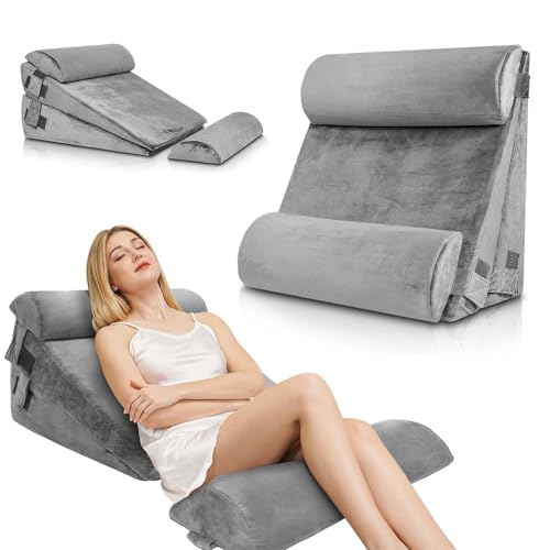 Imagen de YOGONEV Juego de 4 Respaldo para Cama,100% Espuma Viscoelástica para Recuperación, Almohadas Ajustables de Cuña para Cama, Alivio del Dolor de Cuello, Espalda y Piernas (Gris)