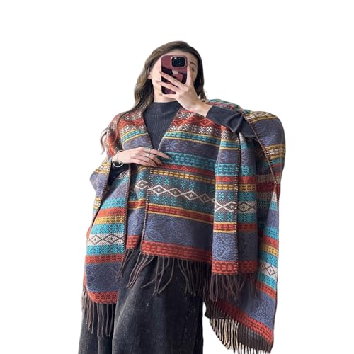 Poncho capa chal a rayas bloque de color abrigo corto de invierno 4