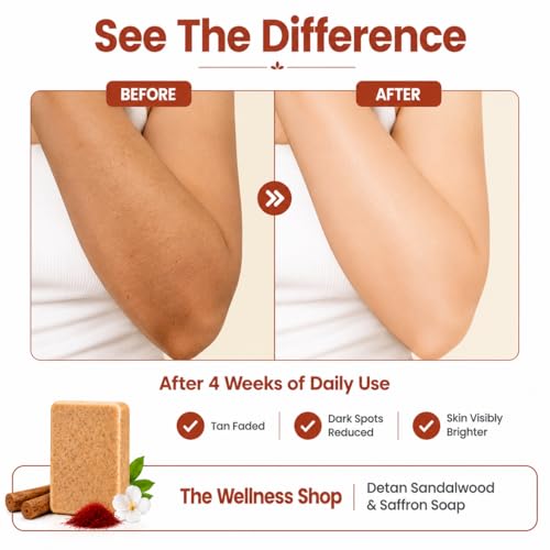 Image of The Wellness Shop Sandalwood Saffron Detan Soap | Dark Spot, Tan Removal Skin Brightening, Exfoliating Soap | Chandan Kesar Handmade Bathing Bar | Paraben Free | Face Body Soap for Men Women| Pack of 1