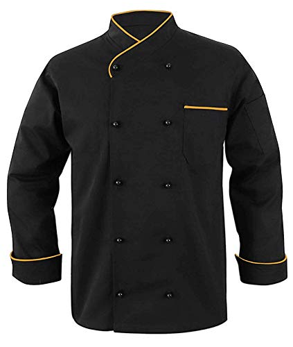 Image of Men's Full Sleeves Black Polycotton Yellow Piping Contrast Chef Coat