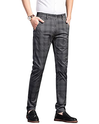 utcoco Men Casual Plaid Slim Fit Straight Stretch Dress Pants