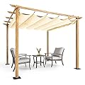 HAPPATIO 10' X 10' Retractable Pergola Canopy for Backyard, Garden, Patio; Woodgrain-Look Aluminum Pergola with Retractable Canopy, Includes Anchors and Expansion Screws (Beige)