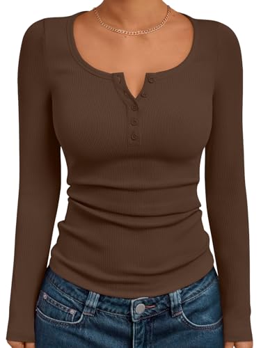 Image of Trendy Queen Long Sleeve Shirts for Women Henley Ribbed Fall Tops Dressy Business Casual Teen Girl Winter Cute Basic Tees