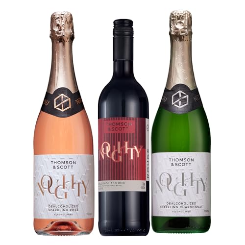 Thomson & Scott Noughty Non-Alcoholic Sparkling Wine Sampler, Rosé Style, Chardonnay Style & Red Blend, Organic Alcohol-Free Drinks, 750ml Bottles, 3 Pack