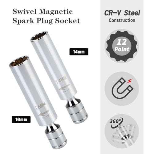 Image of AEROFORCE 14PCS 3 /8 inch Drive Spark Plug Socket Set - Includes 2 Magnetic Sockets (14mm, 16mm) & 5 Rubber-Grip Sockets + Torque Wrench (5-45 Lb.ft), Swivel Joint & Extension Bar - CR-V Steel