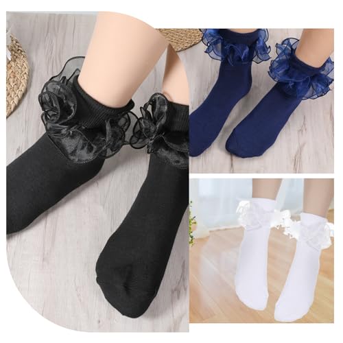 6 Pcs Blue Ruffle Socks, Lace Socks Women Double-Lace Cotton Frilly Sock Multicolor Comfortable Lacy Adult Ruffles Sock Wmen for Women's Leather Shoes High Heels Ankle Boots3