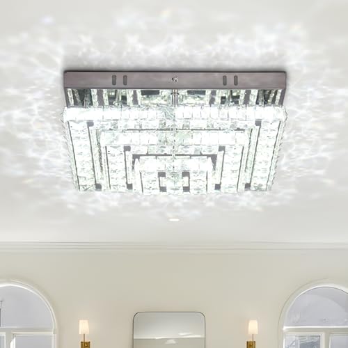 Cainjiazh Ceiling Light Crystal Chandelier LED Flush Mount Modern Crystal Chandeliers Square Ceiling Light for Bedrooms Hallway Kitchen Office (Cool White) Without Remote Control