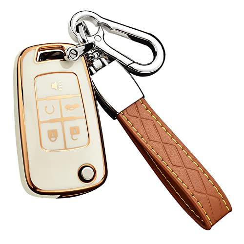 Cacacar for Chevy Key Fob Cover with Keychain Premium TPU Full Protection Key Fob Case for Equinox Camaro Cruze Malibu Sonic Impala Buick Terrain (5 Buttons Ivory)