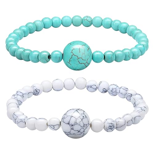 Anti Nausea Wristband 2Pcs Adjustable Natural Stone Relief Healing Crystal Bracelets Turquoise Beaded Wristband Seasickness Motion Bands for Morning Sickness Car Sickness Travel Sickness (White Green)