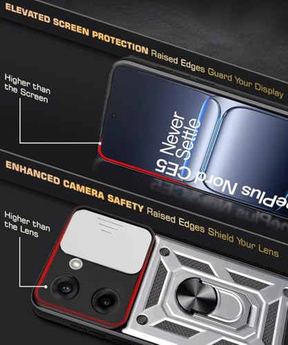 Image of WOW IMAGINE Tough Armor Bumper Mobile Back Case for 1+ OnePlus Nord CE 5 5G | Sliding Camera Shield Cover | Shock Proof 360 Protection | Hybrid PC + TPU | Ring Holder with Kickstand - Silver