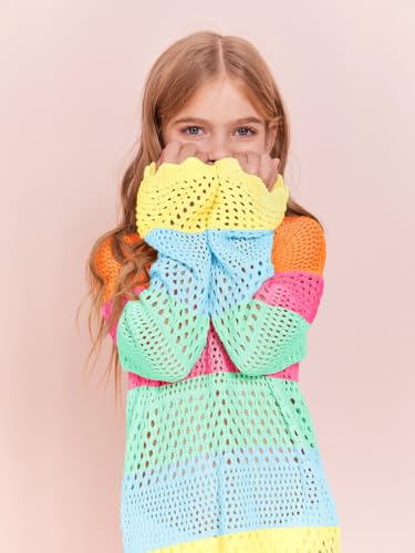Image of Batermoon Girls Crochet Long Sleeve Swimsuit Cover Up Kids Fashion Hollow Out Swimwear Beach Dress 5-14 Years