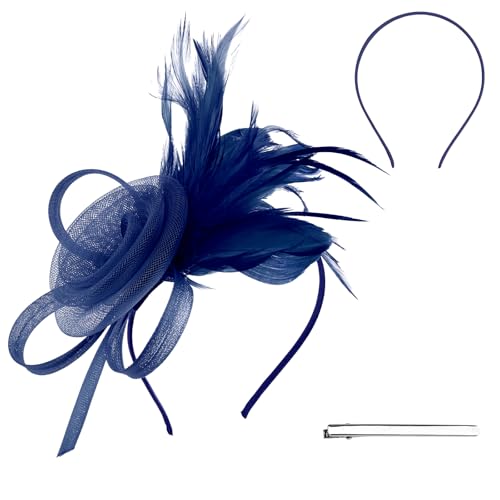 Meanon Mesh Flower Feather Navy Blue Fascinator, Fascinator Hat, Headband for Wedding Cocktail Tea Party Girls Women