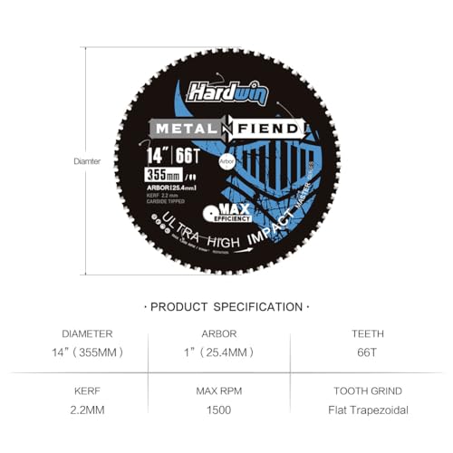 Hardwin 14-Inch Metal Cutting Saw Blade – No Heat, Low Sparks, 66-Tooth Cermet Carbide Tipped, Fits Evolution S14CPS/S15CPS/S355CPS – Thin Kerf for Steel, Angle Iron, Threaded Rod, 1-Inch Arbor