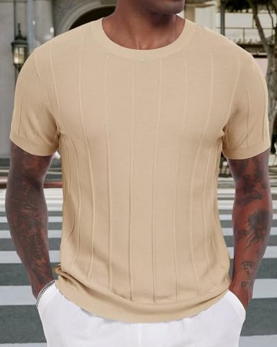 Mens Knitted Crewneck Tee Shirt Dress Summer Short Sleeve Sweater Shirt