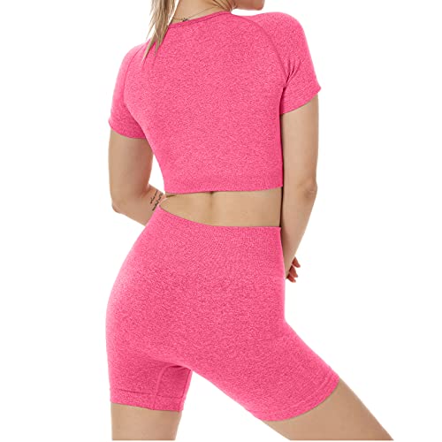 Nicytore Yoga Outfits For Women 2 Piece Set Tracksuit Seamless Short Sleeve Crop Top Workout Leggings Sportwear (L, Rosered, L) #TOP3
