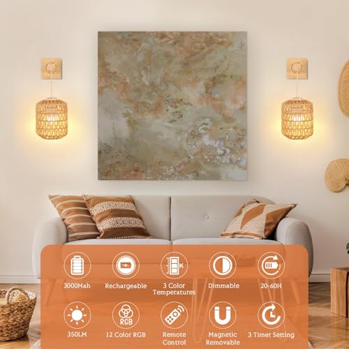 Image of Wood Wall Sconce Battery Operated Set of 2, Boho Rechargeable Rattan Wall Light with Remote Control, Farmhouse Dimmable Wireless Rustic Wall Lamp Indoor for Bedroom Living Room hallways Foyer