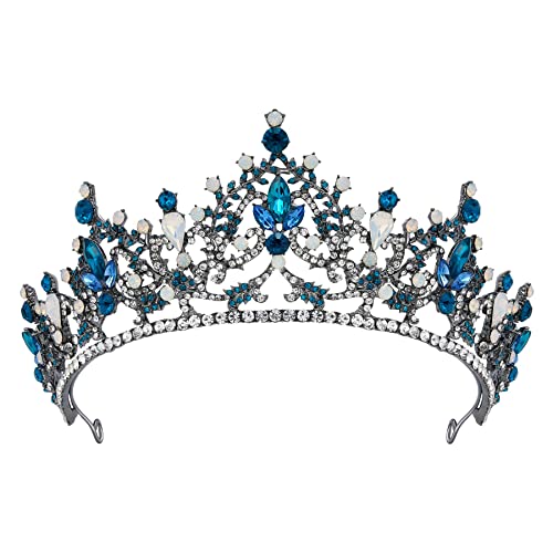 SWEETV Blue Tiara Crown for Women, Frozen Elsa Princess Crown, Gothic Wedding Tiara for Bride, Black Crystal Hair Accessories for Birthday Quinceanera Pageant Prom