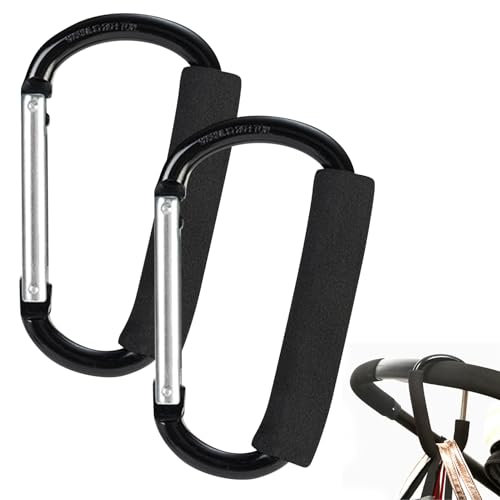2 PCS Large Carabiner Clip, Pram Clips Locking Carabiner Clip Heavy Duty D-Ring Aluminium Pram Bag Clips Super Durable Hook for Hiking Accessories, Keychains, Gym, Camping, Yoga Swing, Prams (Black)