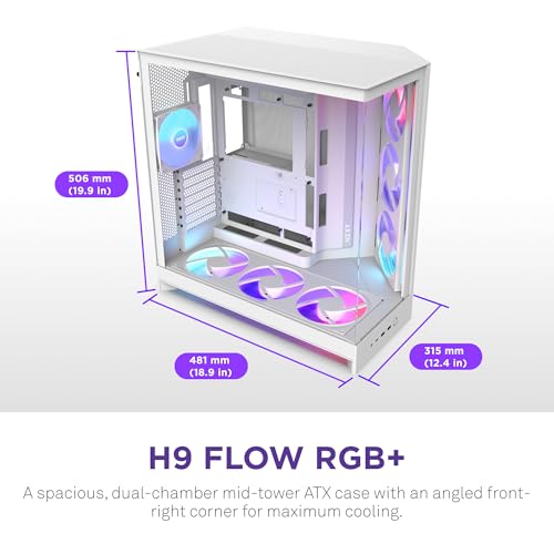 Image of NZXT H9 Flow RGB+ ATX Mid-Tower PC Case, Stainless Steel & Tempered Glass, White