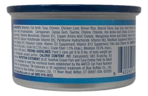 Blue Buffalo Tastefuls Pate Cat Food 3 Flavor 6 Can Sampler Variety - (2) Each: Salmon, Ocean Fish Tuna, Turkey Chicken (3 Ounces) - Plus Catnip Toy And Fun Facts Booklet Bundle #TOP29