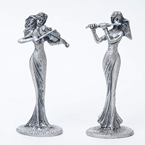 Sehamano Set Of 2 Girls Playing Violin And Flute Figurine, Metal Sculpture Accent Piece, Ornament, Old-Fashioned Decorative Object For Home, Office, Table And Desktop Decor (Tin (Matt Silver)) #TOP4