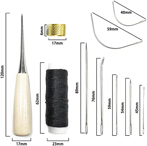 WOSO 10 Pieces Curved Upholstery Hand Sewing Needles Sewing Needles with Leather Waxed Thread Cord Drilling Awl and Thimble for Leather Repair