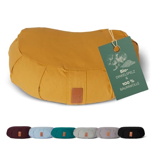 #DoYourYoga Zafu Halbmondkissen Ganesh mit Bio-Dinkelspelz (KBA) waschbarer Bezug | 45 x 30 x 14 cm | Meditations- Sitz- Rondokissen für Yin Yoga | Indischgelb