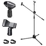 Soporte para Microfono Brazo Micrófono: Pie de Micrófono Tripode Estudio Plegable - Microphone Stand Ajustable con 2 Clip Pies de Microfono Inalambrico - Soporte Microfone de Pinza Profesional | Negro