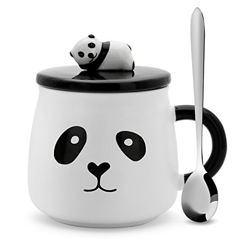 Teagas Cute Black & White 3D Panda Ceramic Coffee Mug with Stainless Steel Spoon,Gift for Panda Lovers