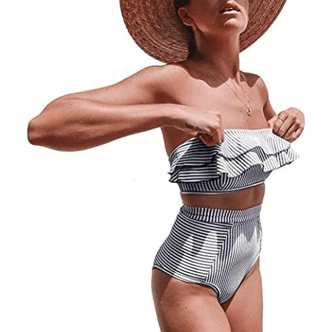 DURINM Bikini Sets Striped High Waisted Retro Brazilian Women's Sexy Swimsuit Halter Neck Strapless Top Bikini Push Up Thong Panty Briefs Bikini - Black - M Cover