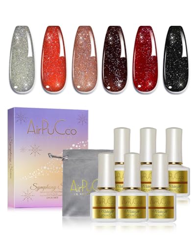 Airpucco All-in-One Gel Nail Polish Kit, 6 Colors with Sparkle & Glitter (Red, Crimson, Black), Soak Off Nail Art Set for Salon & Home DIY Manicure, Ultra-Portable Compact Design