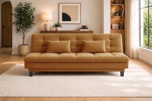 Image of Three Seater Velvet Sofa Cum Bed, Tufted Convertible Sleeper Couch, Space-Saving Design, Comfortable Cushioned Seating - Golden