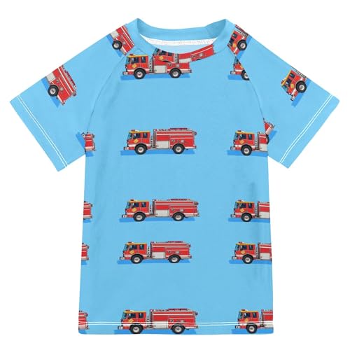 Wudan Fire Fighting Truck Royal Blue Girls Bathing Suit UV Protection Girls Swimsuit with Rashguard Swimwears Sweatshirt for Youth Boy 5-6T