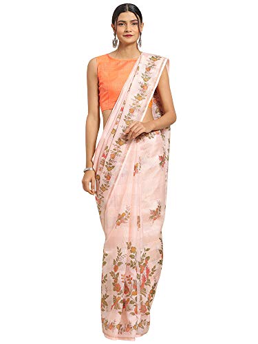 Image of AKHILAM Women's Floral Print Linen Blend Saree with Unstitched Blouse Piece(PERK03 Parent)