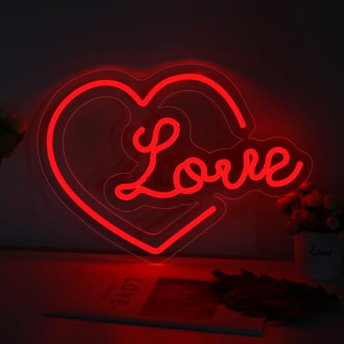 Image of Heart Love Neon Sign, Valentines Day LED Light, USB Powered Dimmable LED Sign for Wall Decoration, Party, Wedding, Bedroom, Living Room, 15.7 inchx11.4 inch