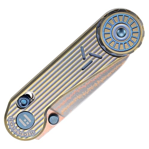 Hightron EdgePlay Premium Fidget Knife 2.64" Copper Damascus Blade and Titanium Handle Thumb Stud Opener and Axle Lock Pocket Knife with Pocket Clip F