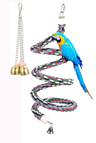 Image of 65inch Cotton Bendable Rope(Plus 1 Set 3 Steel Bells) Perch Swing Bird Chew Toys Amazon Parrots Cage Toys with Bell Swing Climbing Standing Bungee Bird Toys for Large to Regular Size Birds