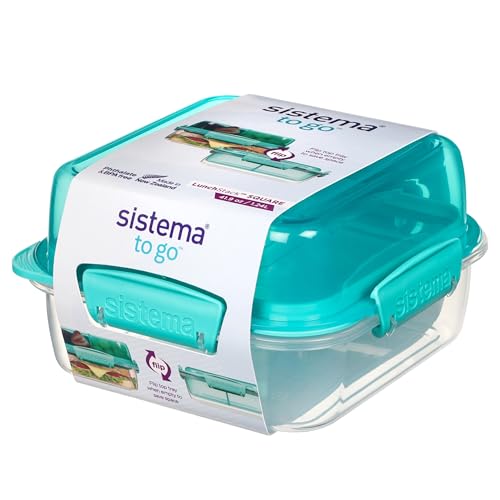 Sistema Salad to GO Brotdose mit Fächern | 1,1 L Lunchbox mit Besteck (Gabel und Messer) und einem Salatdressing Behälter | für Kinder & Erwachsene | BPA-frei | türkis (Packung mit 2)