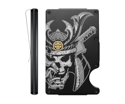 Japanese Samurai Helmet Skull Mask Aluminum Wallet for Men with Brass Inlay and Engraved Finish Metal Money Clip RFID Blocking Credit Card Holder