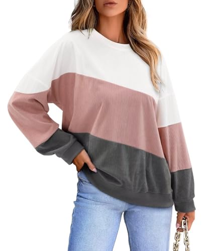 KISSMODA Womens Casual Long Sleeve Sweatshirts Color Block/Solid Tops Corduroy Crewneck Tunic Pullover with Pockets