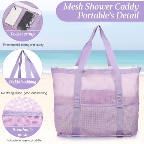 Image of Hillban Large Beach Mesh Bags Bulk for Women Beach Tote Bag with 8 Pocket Zipper Waterproof Sandproof for Pool Cruise Ship