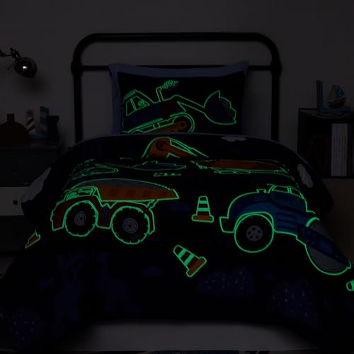 Full Size Comforter Set for Boys-7 Pieces Truck Tractor Excavator Glow in The Dark Full Bedding Sets for Kids, Ultra Soft Bed in A Bag with Sheets