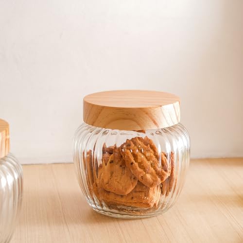 Image of Nestasia Glass Containers for Kitchen Storage Set of 2-2200ml, Airtight Transparent Glass Jar 2+ litre with Wooden Lid for Kitchen Pantry, Spice, Masala, Pickles, Pulses, Dry Fruits, Snacks Storage