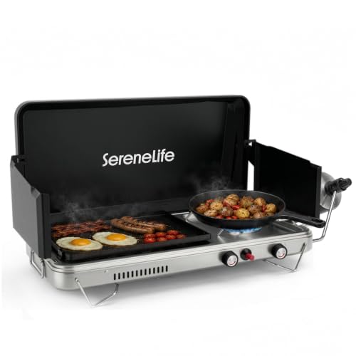 Camping Stove 2 in 1 Griddle Combo Portable Propane Camp Stove with Griddle Plate 10000 BTU Stove 5000 BTU Griddle Compact Outdoor Cooking for Camping Tailgating RV Backyard
