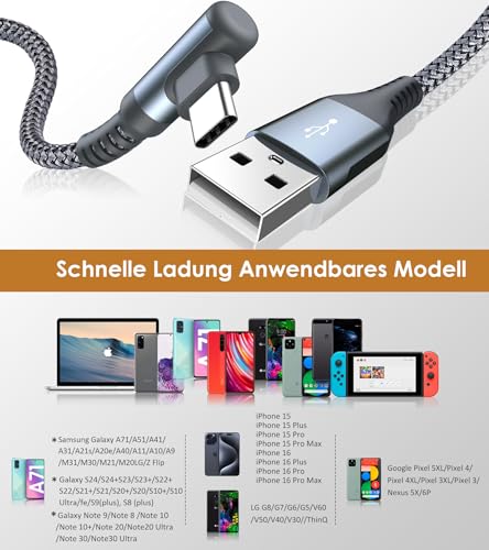 USB C Kabel 3.1A [2Stück 3M] Schnellladung,90 Grad Winkel Ladekabel USB C Nylon Type C kabel für i Phone 17 16 15 Pro Max… – Ansicht 5