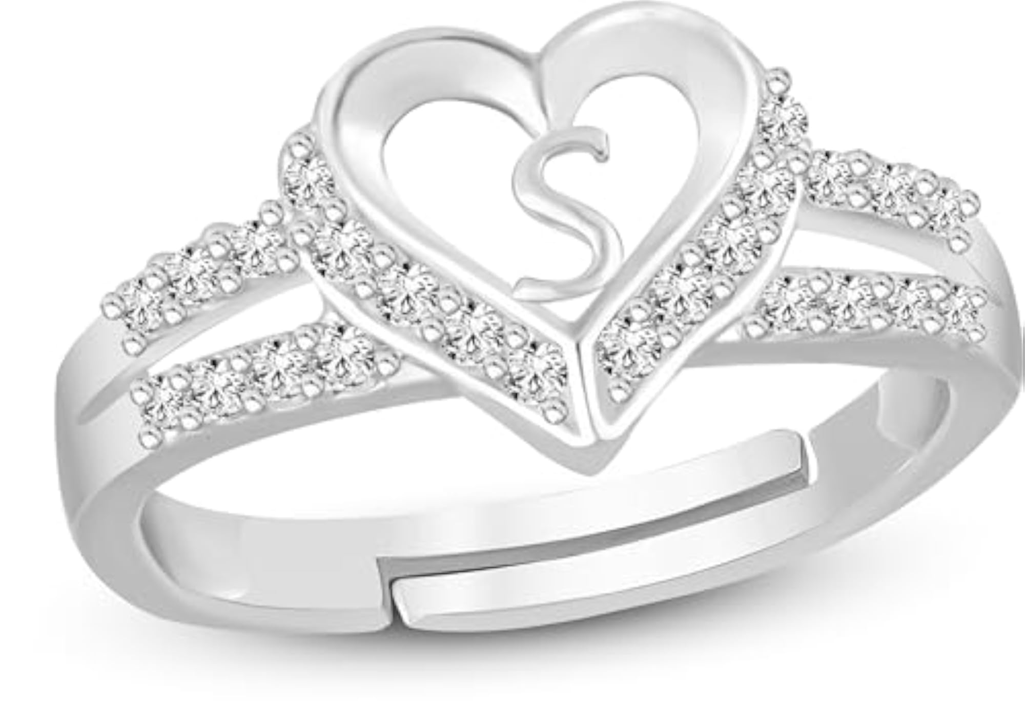 Cubic Zirconia Adjustable Heart Initial Letter Ring with Gift Box