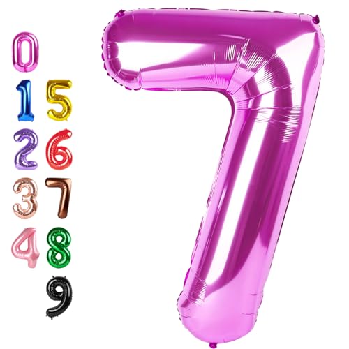 Image of Number Balloons Pink 7 Balloon 40 inch for 7th Birthday Party Decorations | Saturated Color, Large 40 in, With Straw & Hanging Hole, For Back-to-School Season, Wedding, Christmas, New Year, Anniversary